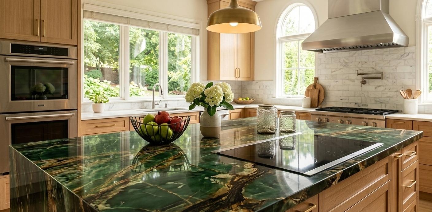 Green onyx countertop slab with deep green tones and black veining