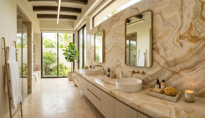 Honed onyx natural stone slab used as a bathroom vanity