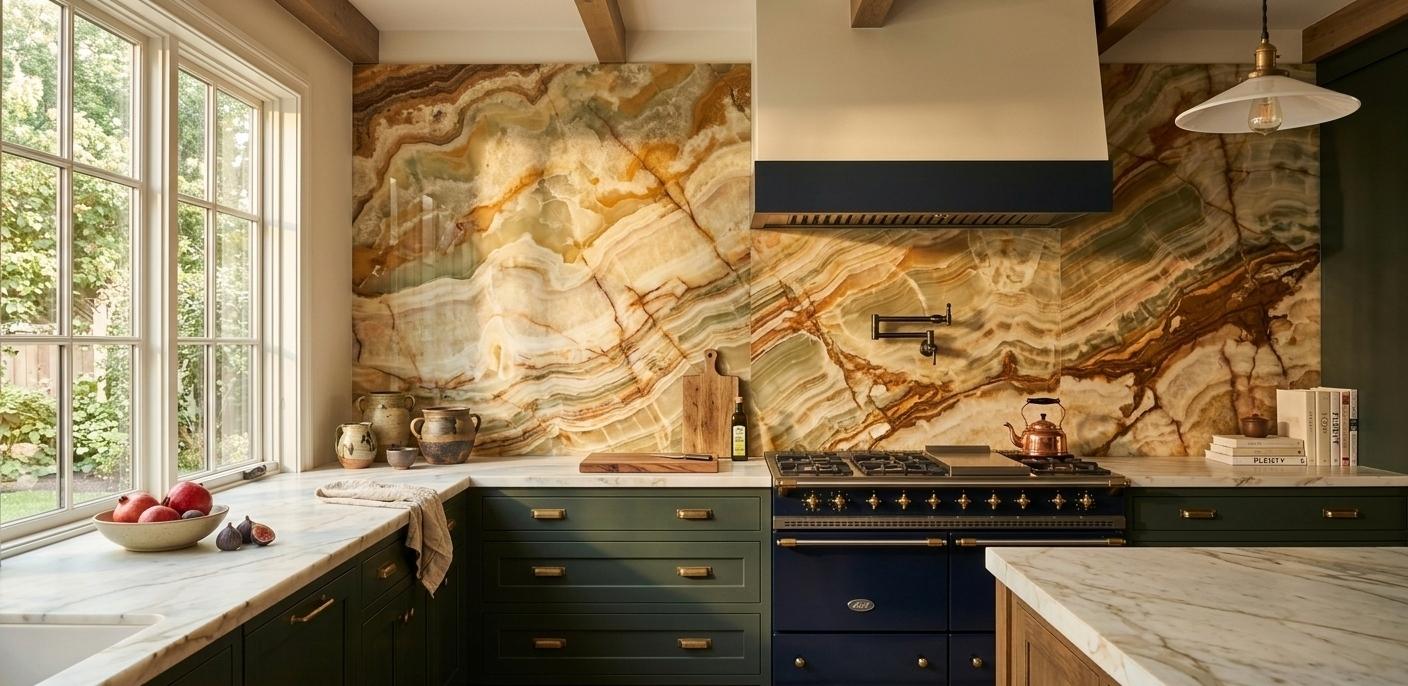 Multi-color onyx backsplash slab displayed in full view