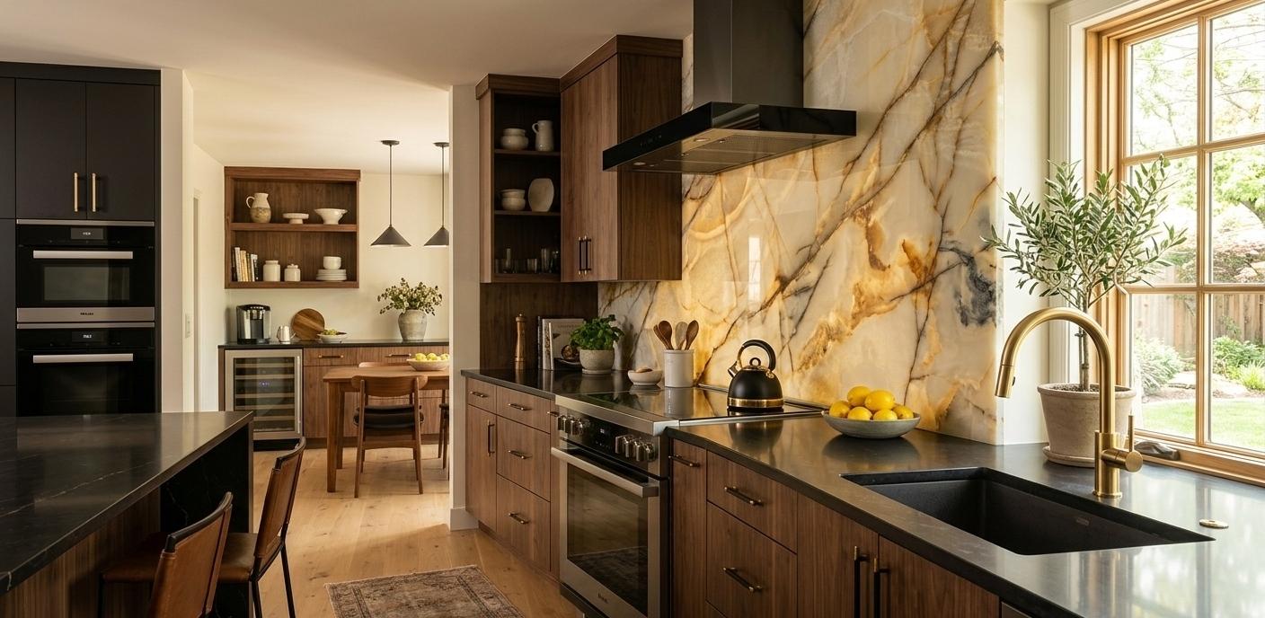 Polished onyx backsplash slab installed behind a modern kitchen countertop