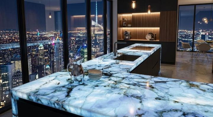 Penthouse kitchen featuring a backlit blue onyx countertop