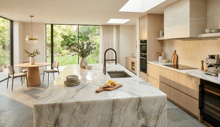 White onyx countertops in a modern kitchen with light