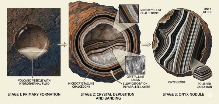 Diagram showing how onyx stone forms from mineral-rich water deposits