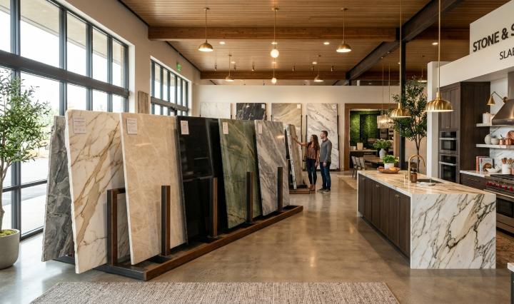 Natural stone slabs displayed in a showroom for side-by-side comparison