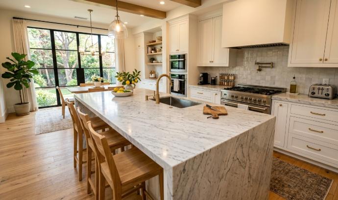 White Carrara marble kitchen island countertop with classic grey veining