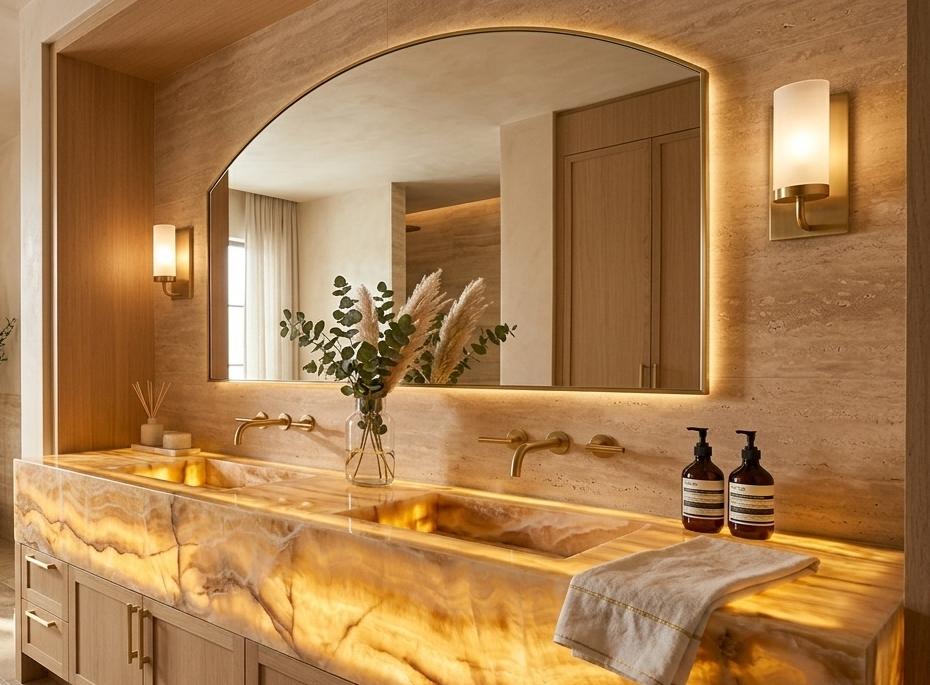 Honey amber onyx bathroom vanity with backlit