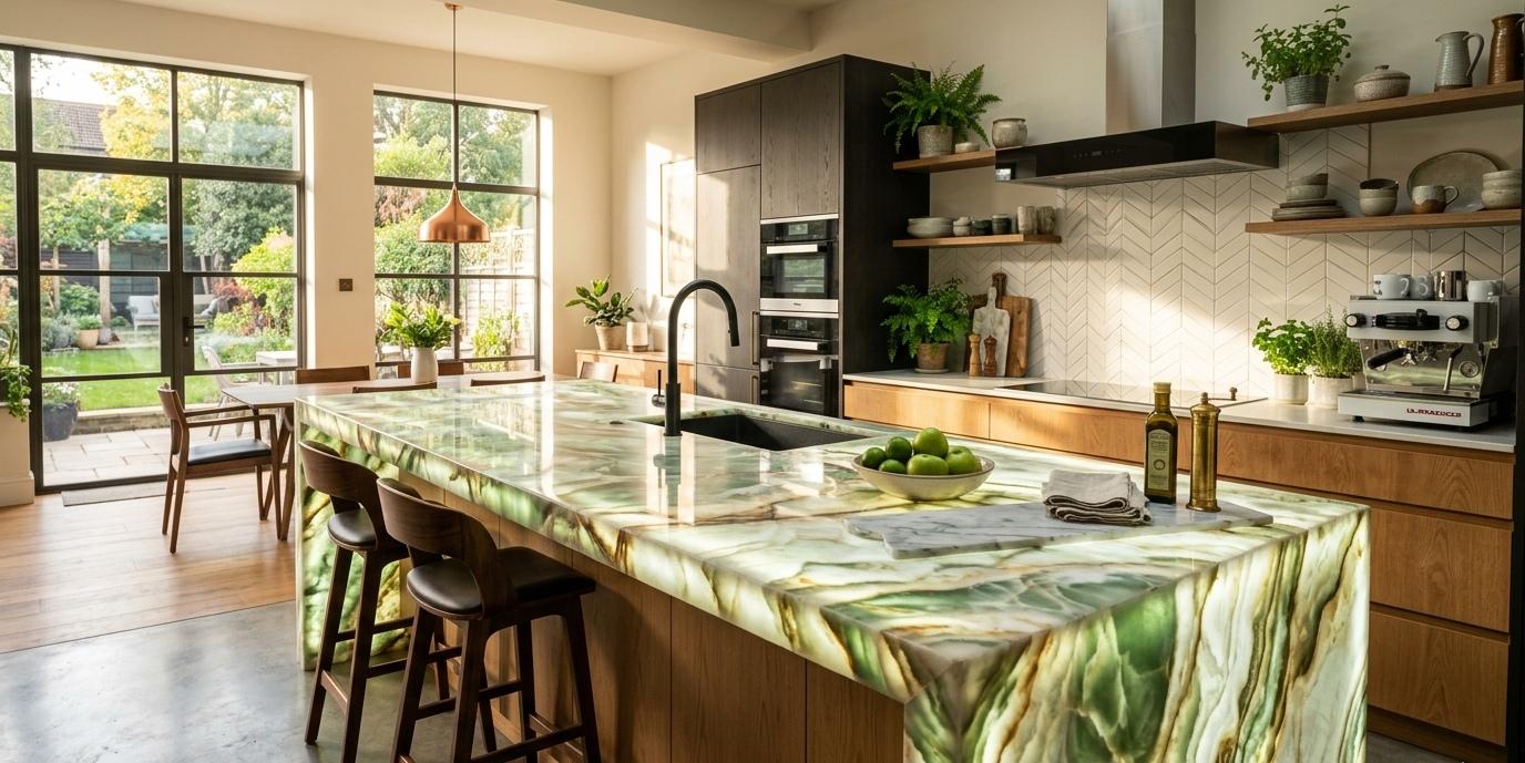 Backlit onyx kitchen island countertop illuminated from below