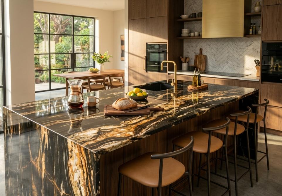 Polished onyx kitchen countertop with natural gold and white veining