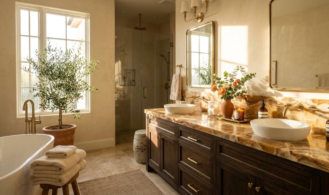 Honed onyx slab countertop installed in a luxury bathroom vanity