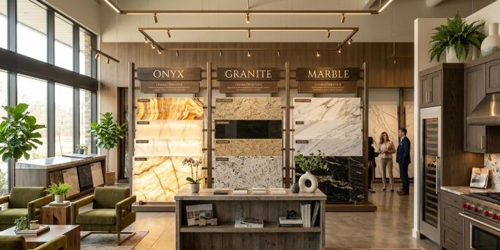 Comparison of onyx, granite and marble natural stones slabs in a showroom
