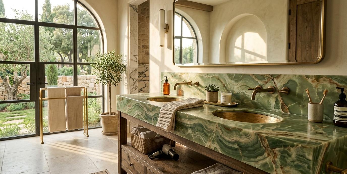 Honed green onyx slab bathroom vanity with dramatic natural veining