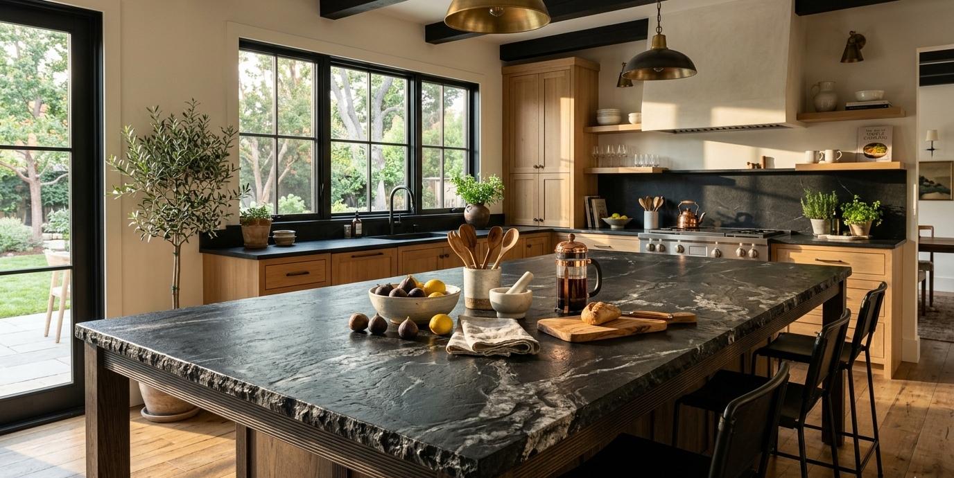 Large format leathered black onyx kitchen island countertop