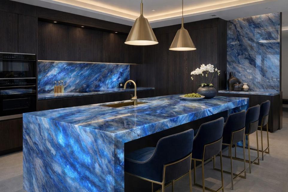 Luxury kitchen with blue onyx countertop
