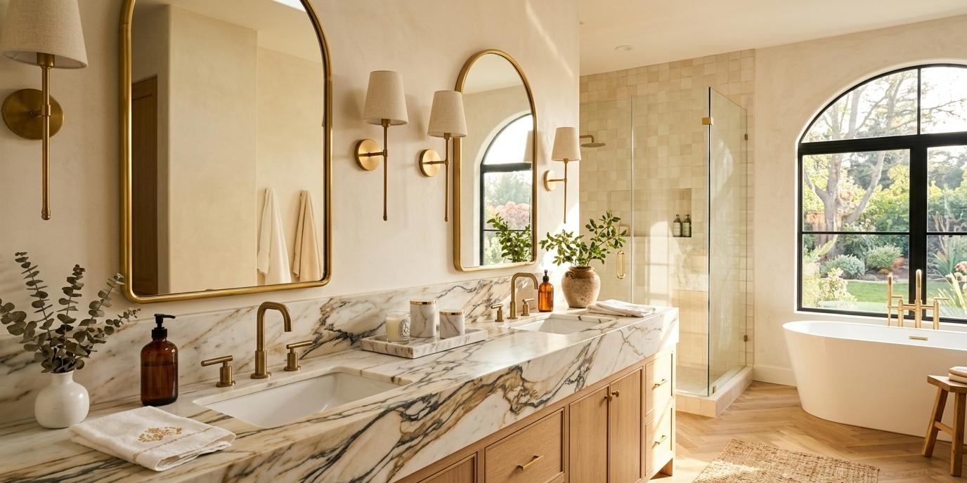 Calacatta Gold Marble bathroom vanity with warm white and gold stone pattern