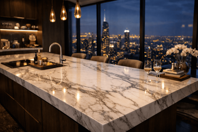 Calacatta Viola marble countertop with bold burgundy veining in a modern kitchen