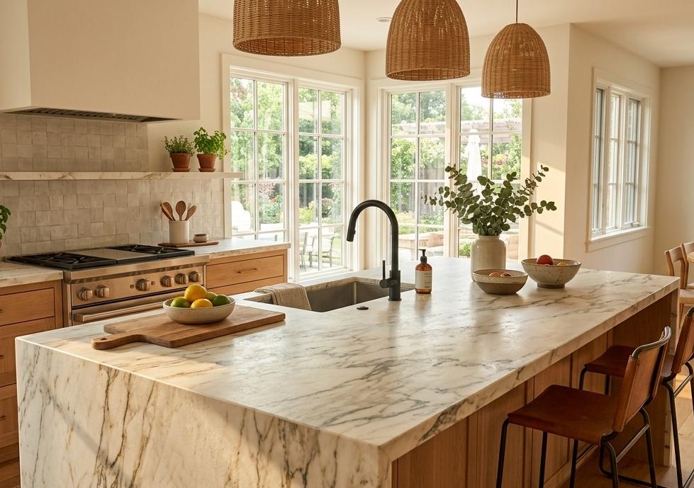 Leathered Calacatta Marble kitchen island countertop