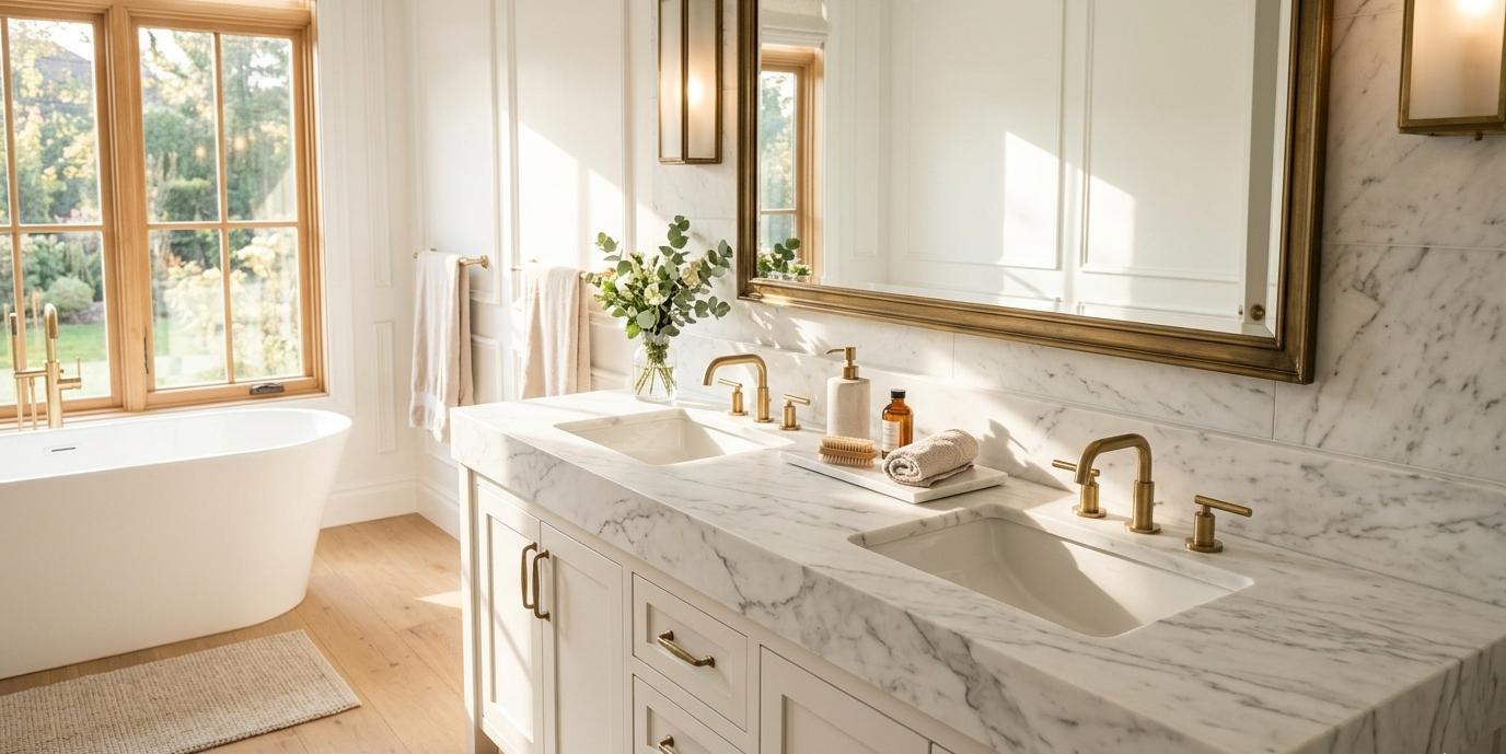 Calacatta Marble bathroom vanity top with white background and grey veining