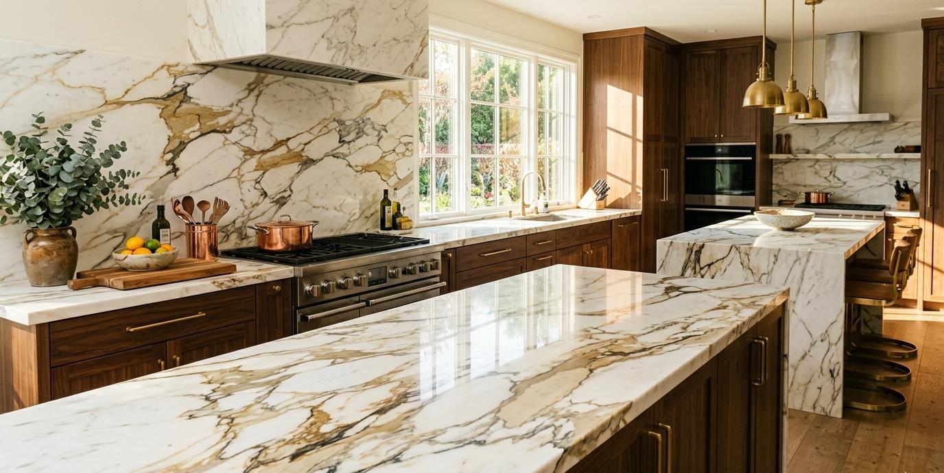 Calacatta Marble polished slab with bold gold veining
