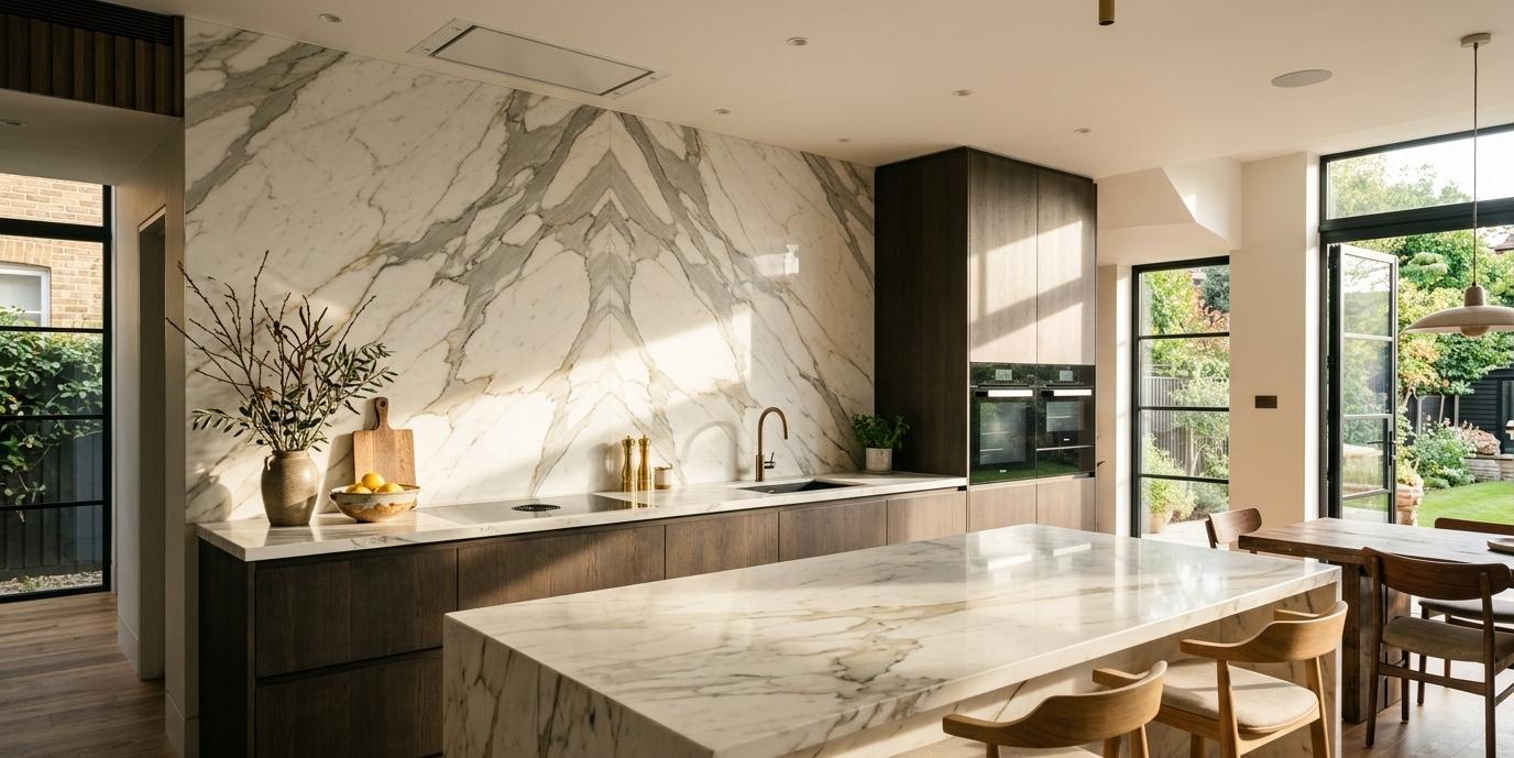 Calacatta Marble slab panels installed as modern kitchen countertop