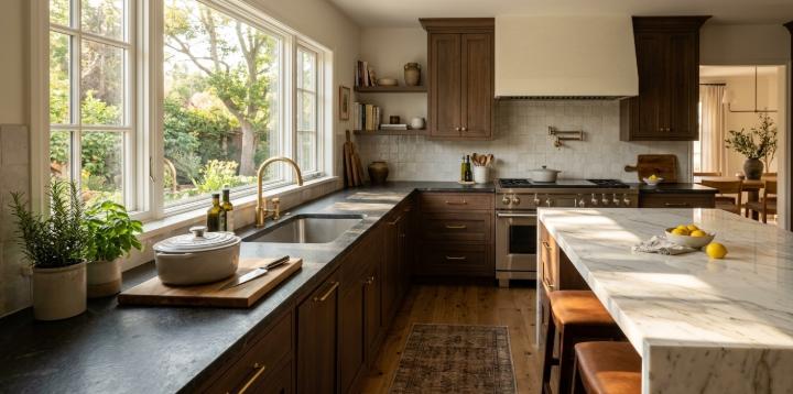 Polished marble countertop next to leathered quartzite perimeter surface