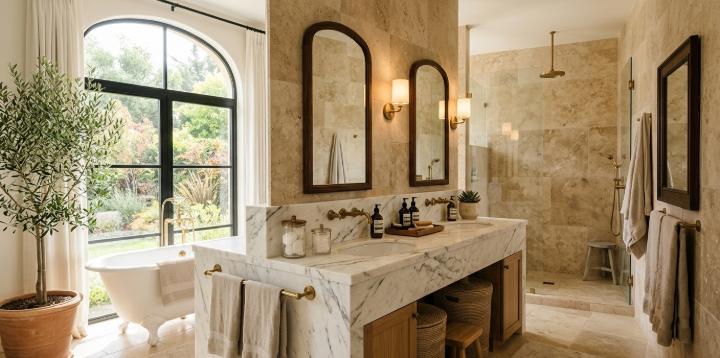 White marble bathroom vanity alongside travertine wall tiles