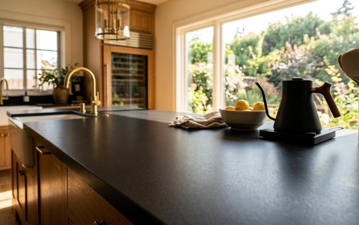 Black honed marble countertop slab