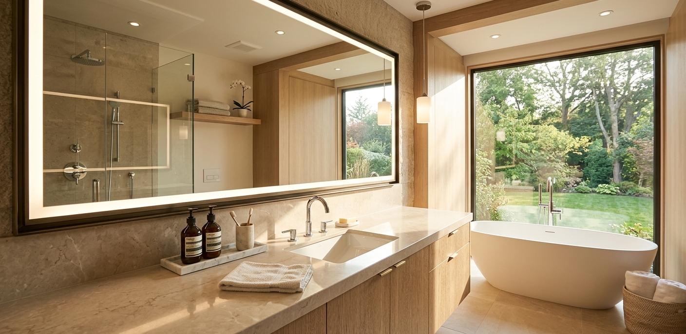Beige quartz countertop in modern bathroom