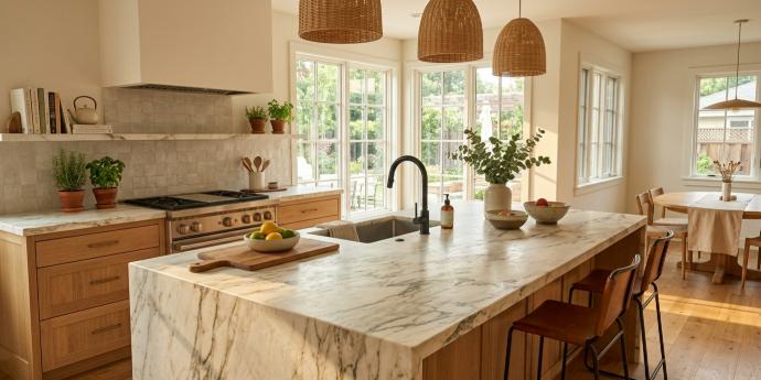 White Calacatta marble island countertop in a bright modern kitchen