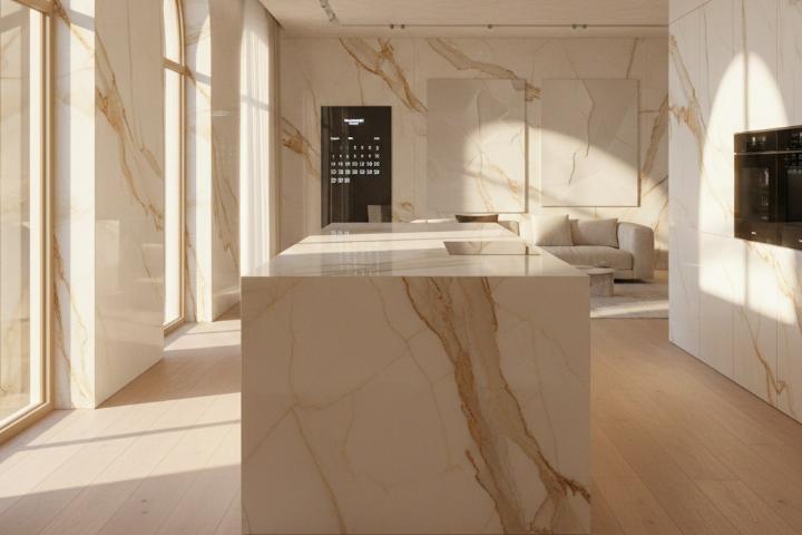 Cream porcelain slab kitchen island with matching wall panels and gold veining in a bright open-plan space
