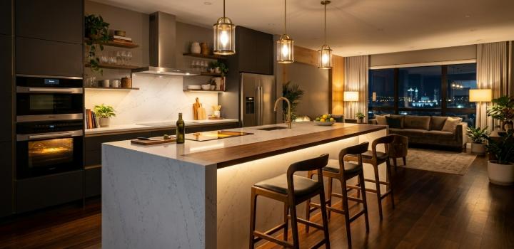 White engineered stone kitchen island with waterfall edge in an open-plan kitchen and living space
