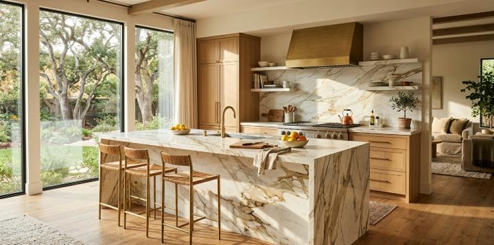 Calacatta marble kitchen island with waterfall edge and matching backsplash in a bright natural wood kitchen