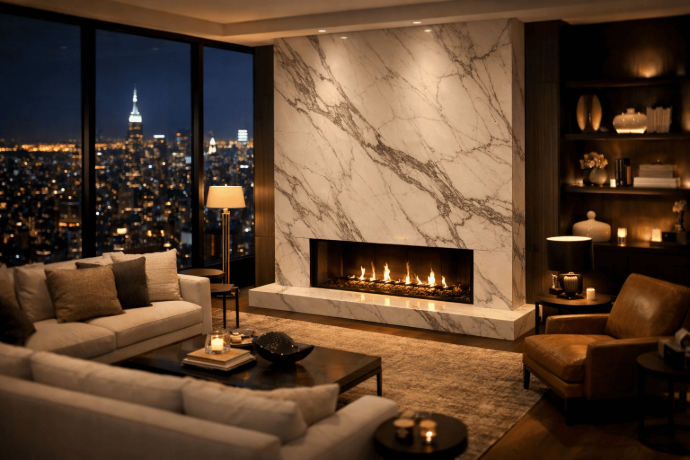 Calacatta marble full-height fireplace surround in a luxury living room with city skyline views at night