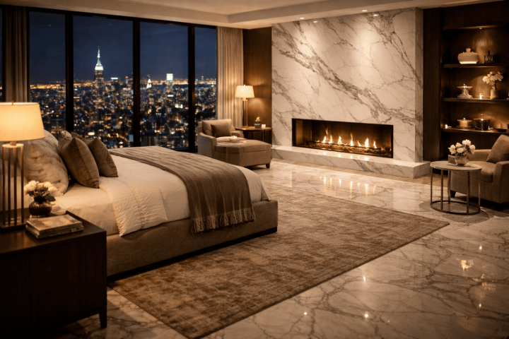 Luxury bedroom with polished marble floors and full-height marble fireplace surround overlooking a city skyline at night