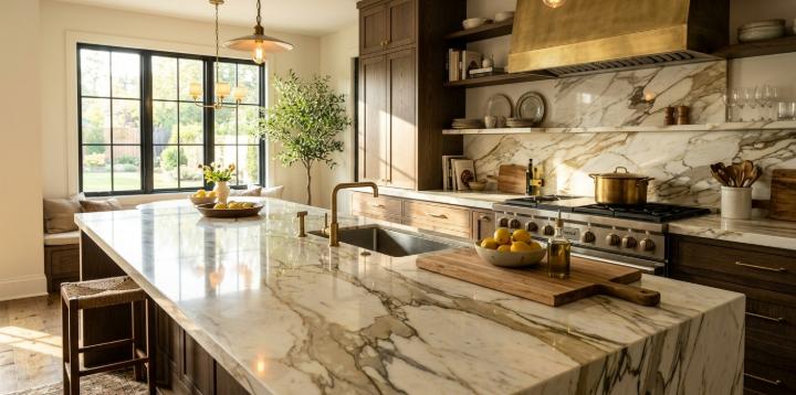 Polished marble slab kitchen countertop and backsplash with gold veining in a modern kitchen