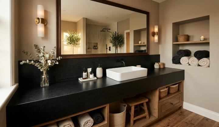 Honed marble slab bathroom vanity countertop in matte black with vessel sink and wood accents