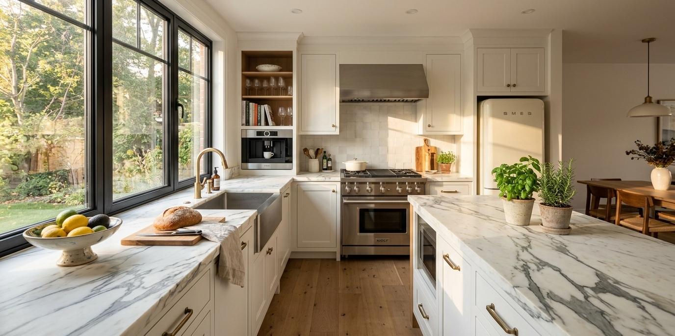 Calacatta marble honed slab with bold gray veining on white background