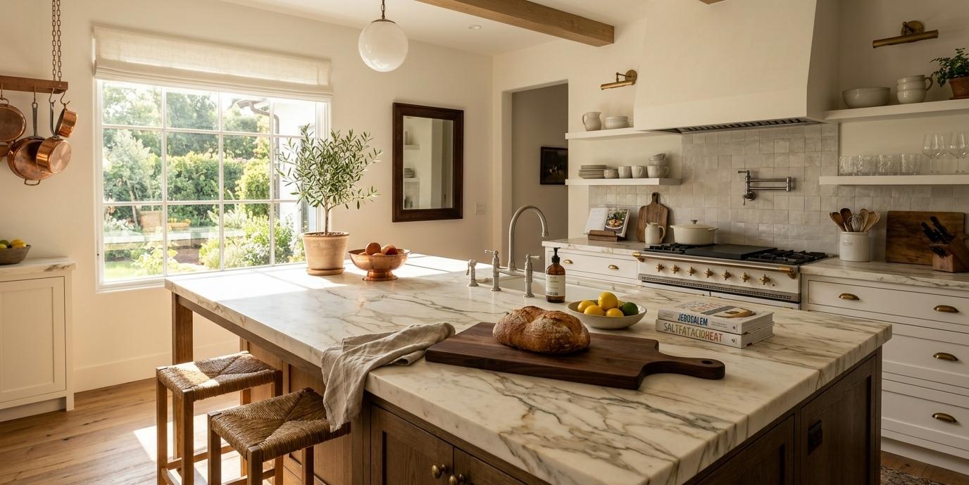 Honed Calacatta marble kitchen island countertop