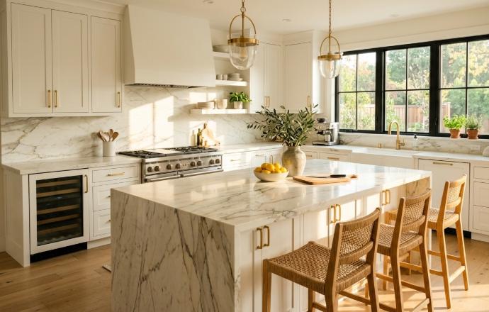 Polished Calacatta marble kitchen island countertop