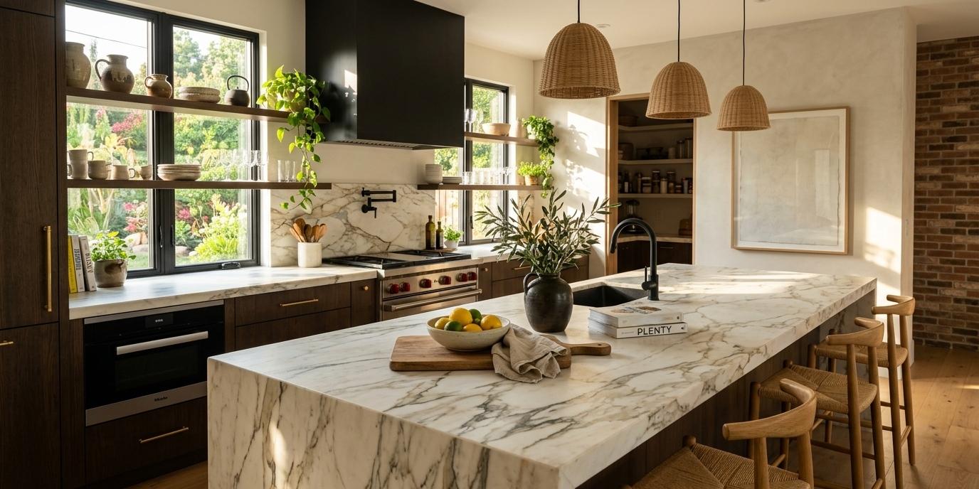 Leathered finish Calacatta marble slab used as a modern kitchen countertop