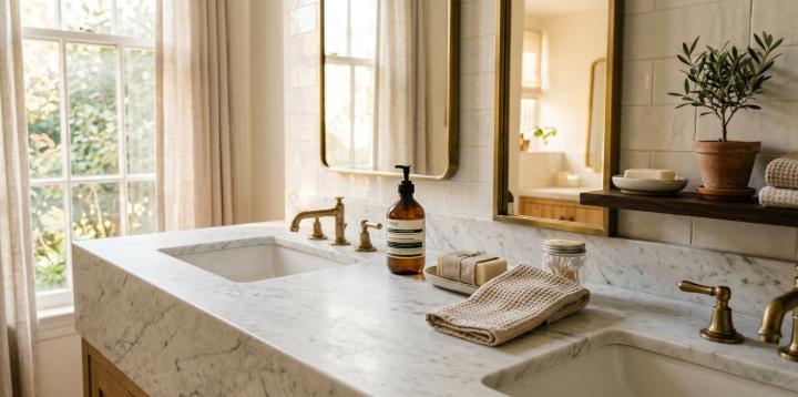 honed marble bathroom vanity slab close-up showing texture and finish