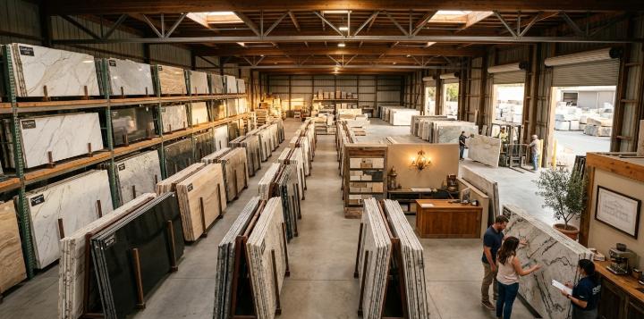supplier yard showing stacked natural stone slabs for selection