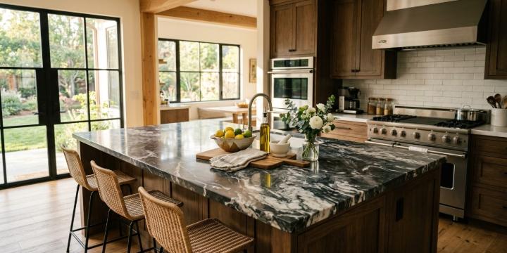 Polished natural stone slab with white veining for kitchen island countertop