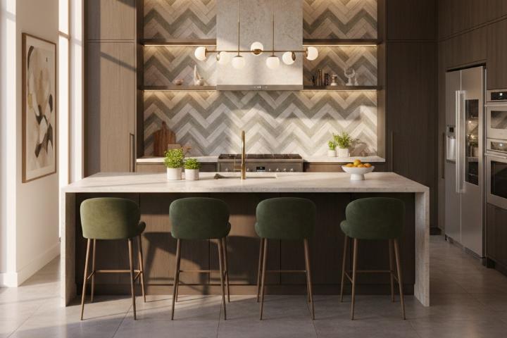 Chevron pattern subway tile kitchen backsplash in modern kitchen