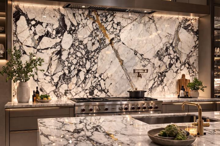 Kitchen with a seamless Calacatta marble backsplash