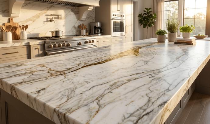 Calacatta Oro Marble leathered slab closeup highlighting distinctive organic veining pattern