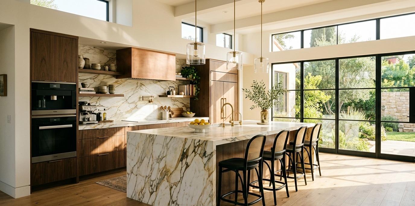 Modern luxury kitchen with Calacatta Oro Marble countertop