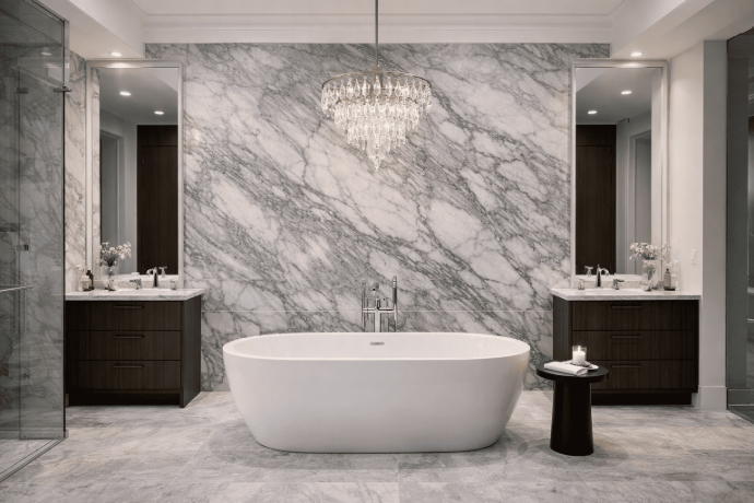 Gray Calacatta marble feature wall and flooring in a luxury bathroom
