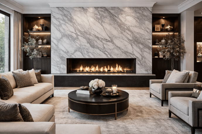 Gray Calacatta marble fireplace surround in a modern living room