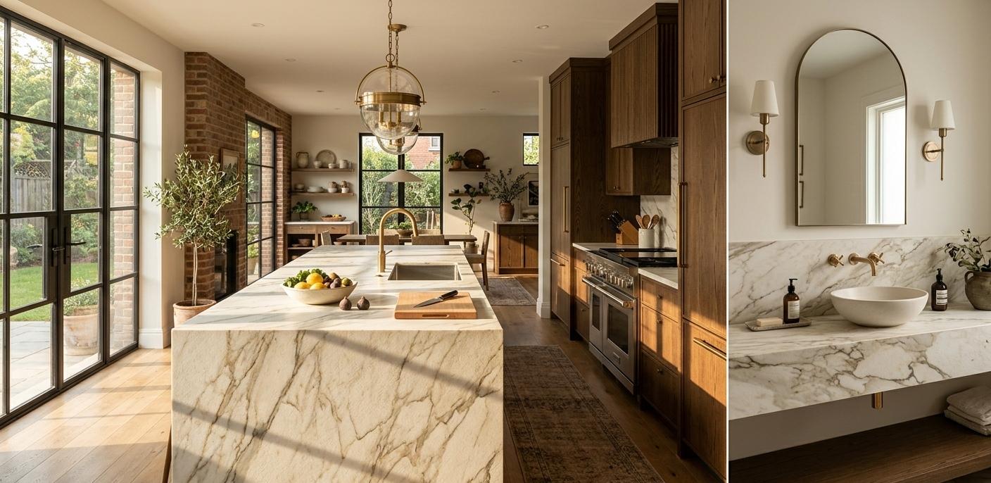 Italian Calacatta Marble leathered finish slab for high-end kitchen and bathroom renovation