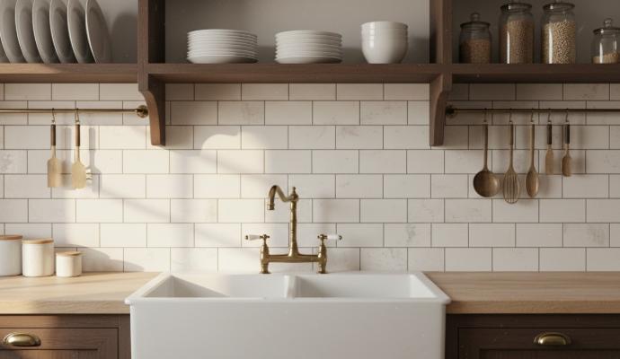 White subway tile backsplash with horizontal brick pattern in vintage kitchen